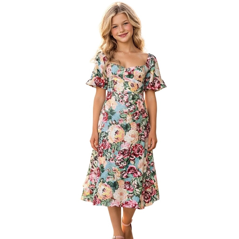 Lost + Wander Floral Midi Dress Blue Pink Sweetheart Puff‎ Sleeve Smocked Back S